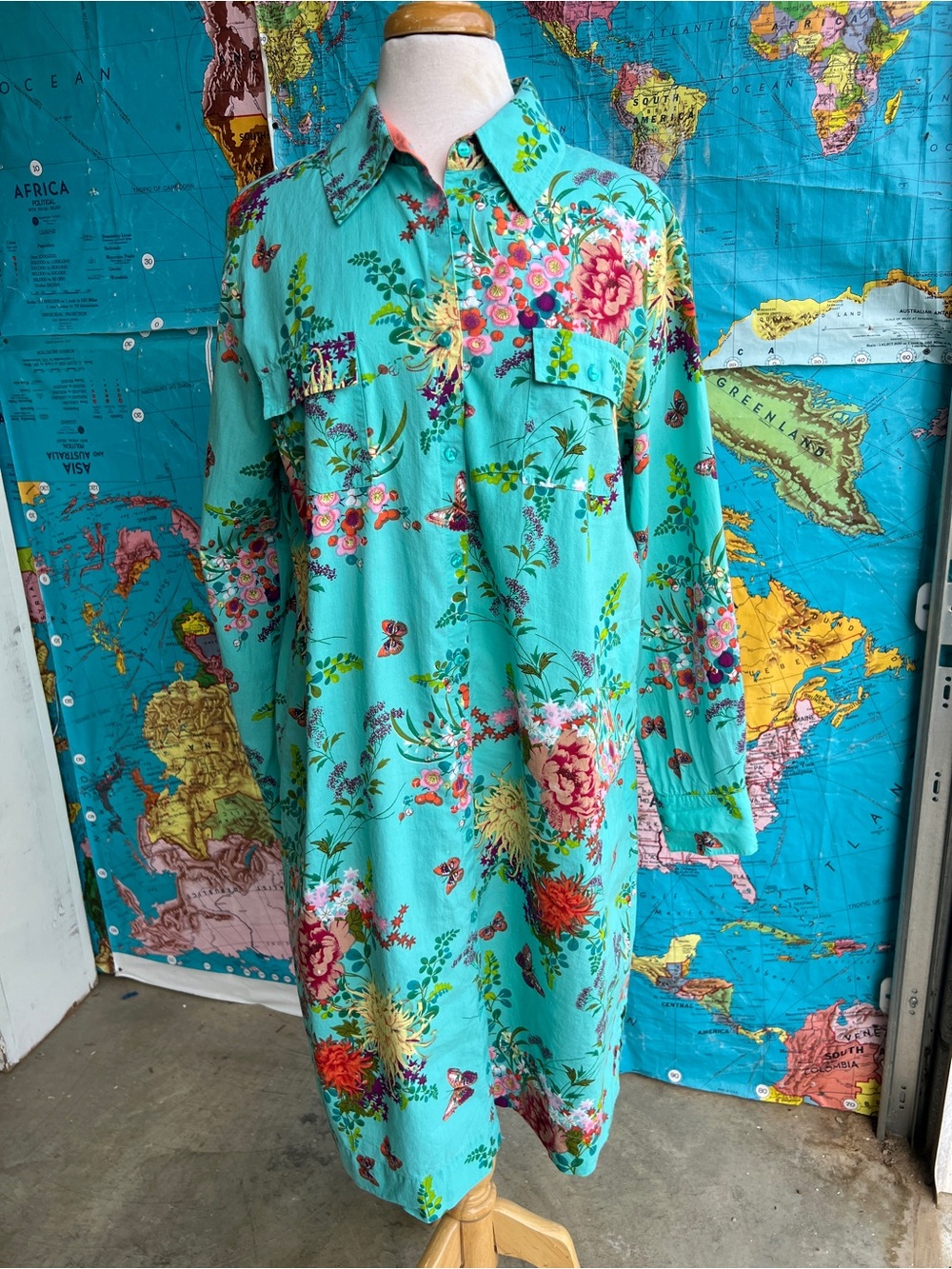 Soft Surroundings Turquoise Floral Long-Sleeve Shirt Dress